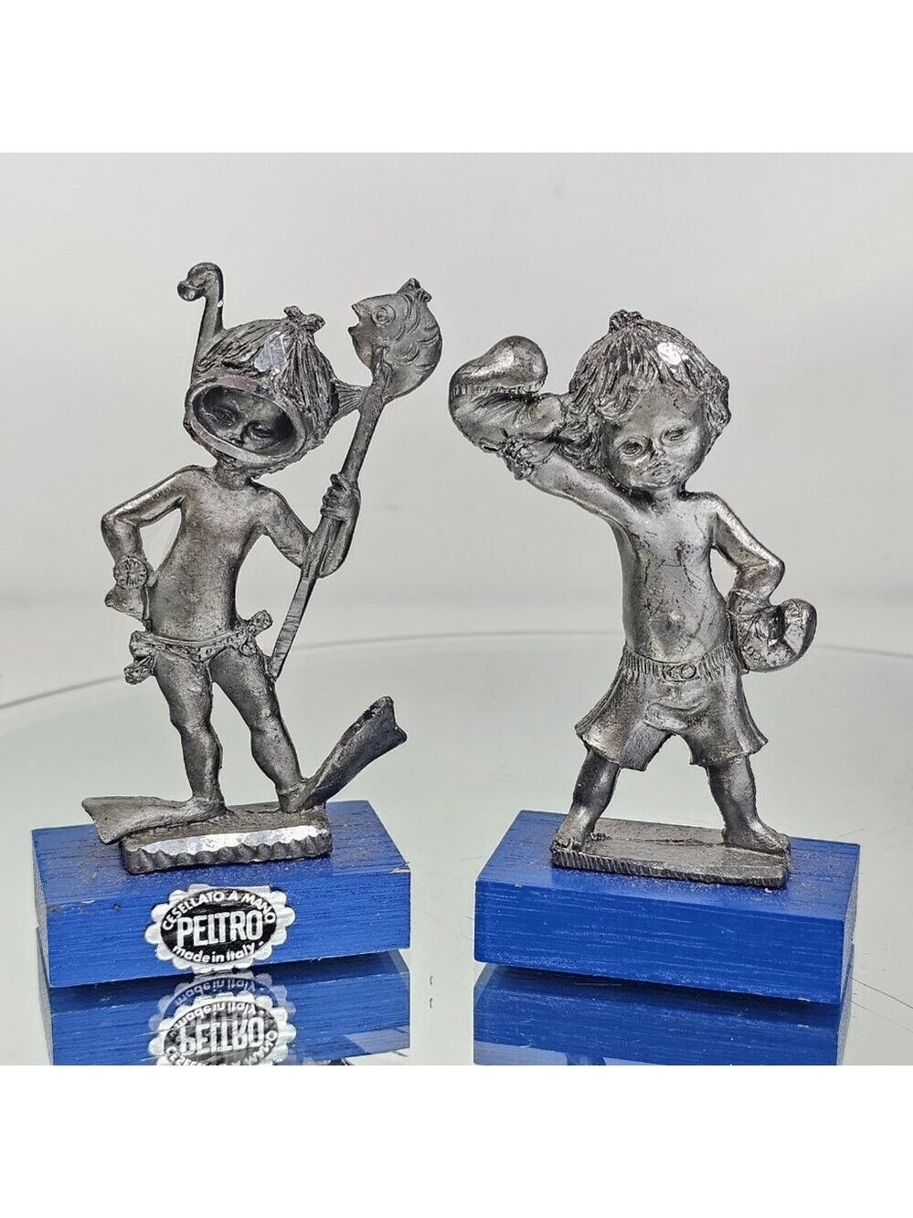 Vintage Peltro Cesellato a Mano Pewter Sculptures Pair Handmade In Italy Set